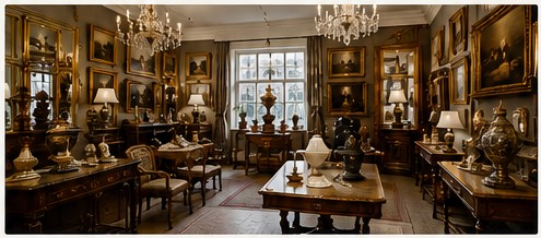 Evocative visual interpretation of an elegant London antiques and art gallery interior